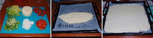 Durante la fase di lievitazione preparare gli ingredienti per la farcitura. Lavate molto bene la scarola riccia ed asciugatela fino ad eliminare l’acqua e dopo di che tagliatela fine; seguite grattugiando la tuma fresca e tagliate i pomodorini di pachino; lasciate questi ultimi in un colapasta a sgocciolare così che perdano tutta la loro acqua di vegetazione. A lievitazione ultimata, ricoprite una placca con della carta forno ed un filo di olio extravergine quindi stendetevi un bel pezzo di impasto lasciandoli un’altezza massima di 1 centimetro facendo attenzione a non romperlo durante la stesura.