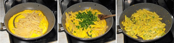 Cuocete le pennette rigate in abbondante acqua salata e scolatele al dente. Trasferite la pasta nella padella con la crema realizzata in precedenza unendo anche i piselli, adesso amalgamate il tutto su una fiamma molto leggera ed una volta che tutti gli ingredienti si saranno ben mescolati tra loro, servire la pasta ben calda ai commensali.