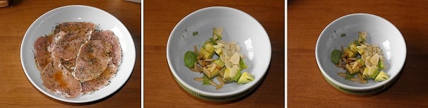 Adesso coprite il tutto con l’emulsione realizzata in precedenza quindi mettete la carne a marinare a temperatura ambiente per un minimo di due ore, più riposerà più sarà buona. Pelate l’avocado maturo e tagliatelo in pezzi quindi aggiungete le mandorle a lamelle ed i pinoli e condite con sale, olio extravergine di oliva e succo di limone.