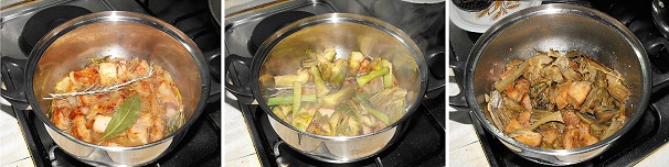 Una volta che i carciofi saranno rosolati, togliete il coperchio alla pentola con la carne e aggiungete alloro e rosmarino per profumare ed infine coprite con i carciofi, a questo punto spolverizzate con un po’ di sale e rimettete il coperchio e lasciate cuocere fino a che i carciofi non saranno morbidi. Servite lo spezzatino caldo