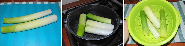 Pulite i porri eliminando la parte verde e dura ed anche un paio di foglie esterne fino ad avere un prodotto tenero. Lavateli accuratamente sotto acqua fredda corrente e dopo di che dividete ogni porro o metà o ancora in più parti a seconda dei gusti. Portate a bollore abbondante acqua con del sale e cuocete al suo interno i porri per circa 5 minuti, in modo da ammorbidirli ed eliminare il gusto forte. Una volta pronti, scolateli e lasciateli freddare.