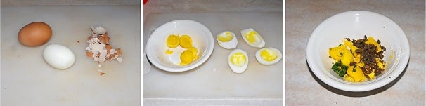Lessate le uova fino a che non saranno perfettamente sode, quindi freddatele velocemente in acqua e ghiaccio e privatele del guscio. Una volta pulite, sciacquatele da eventuali residui e dividetele a metà privandole del tuorlo. Lasciate freddare i tuorli in una ciotola e dopo unite un trito fine fatto con i capperi ed il prezzemolo fresco.