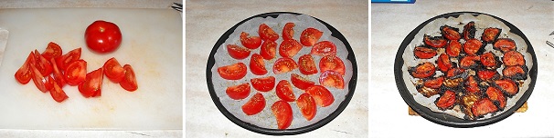 Componente principale del piatto sono i gustosissimi pomodori arrosto, pratici da fare e da accostare a arie pietanze. Lavate i pomodori a grappolo ed asciugateli quindi divideteli in spicchi e privateli dei semi, tagliateli e disponeteli su di una teglia coperta di carta forno dopo di che spolverateli con dell’origano essiccato. Accendete il forno statico a 220 gradi ed una volta a temperatura inserite la teglia facendo arrostire i pomodori. Abbiate cura di seguirli nella cottura per non farli bruciare. Una volta pronti toglieteli dal forno e lasciateli freddare in teglia.