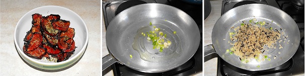 Togliete i pomodori arrosto dalla teglia e metteteli in una ciotola, quindi conditeli con altro origano, uno spicchio di aglio e olio extravergine di oliva. Passate alla cottura del riso lasciando imbiondire in qualche cucchiaio di olio extravergine di oliva il cipollotto tritato fine. Versate il riso selvaggio integrale nella cipolla dorata  e tostatelo a fiamma viva, quindi mettete un pizzico di sale e sfumate con il brodo vegetale caldo ed iniziate la cottura abbassando la fiamma.