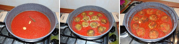 Versate la polpa di pomodoro in un tegame con uno spicchio di aglio schiacciato, del timo fresco ed un filo di olio extravergine di oliva, il tutto a crudo senza soffritto, accendete la fiamma e portata a bollore il pomodoro, aggiungete adesso le polpette e lasciate cuocere per una mezzora a fiamma molto bassa, rigirandole di tanto in tanto. Servite le polpette calde con il loro sugo.