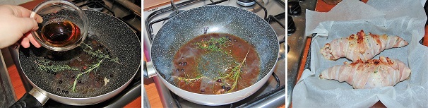 Sfumate gli odori in padella con il marsala e lasciatele sobbollire un attimo in modo da far evaporare l’alcol e deglassare il fondo di cottura delle cosce. Traferite adesso la carne in una teglia foderata con abbondante carta da forno.