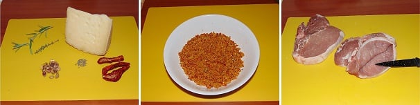 Preparate tutte gli ingredienti per il ripieno ed iniziate a versare nella ciotola di un tritatutto i pomodori secchi insieme al fiore sardo e proseguite unendo i pistacchi al naturale, semi di finocchio ed infine le foglie di timo e rosmarino. Azionate il tritatutto e tritate tutto molto finemente, così da avere un composto il più omogeneo possibile. Fatto il ripieno, preparate su di in tagliere le braciole di maiale e con un coltellino bene affilato, incidete la parte della polpa fino a ricavare una tasca.