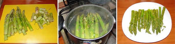 Pulite gli asparagi dalle parti più dure e lavateli in abbondante acqua fredda lasciandoli in ammollo qualche minuto così da eliminare tutte le impurità. Intanto portate a bollore abbondante acqua e sale ed una volta che avrà bollito, cuocete gli asparagi puliti scolandoli non troppo cotti. Lasciateli freddare coperti da un canovaccio coì da eliminare l’acqua in eccesso.