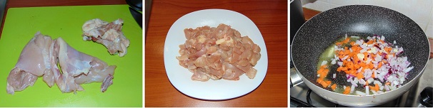 Preparate le sovra cosce di pollo iniziando ad eliminare la pelle ed in seguito con un coltello affilato, eliminate anche le ossa. Lavate la carne e tamponatela con della carta assorbente, quindi tagliatela a strisce e dopo a dadini, quindi tenetela da parte. In una padella fate sciogliere un cucchiaio di burro chiarificato ed al suo interno, rosolatevi le carote, la cipolla e lo spicchio d’aglio pelati e tagliati a cubetti piccoli.