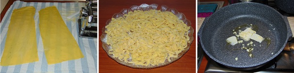 Trascorso il tempo di riposo, tagliate la sfoglia sottile e tagliate la pasta per ottenere delle tagliatelle. Infarinatele bene e passate alla preparazione del sugo, intanto preparate sul fuoco e portate a bollore anche la pentola con l’acqua per la pasta. In un tegame capiente, versate qualche cucchiaio di olio extravergine di oliva, una noce di burro e l’aglio tritato finemente e fate scaldare.