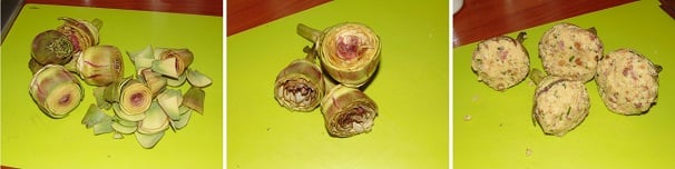 Pulite i carciofi dalle foglie esterne più dure, tagliate la parte superiore e lavateli sotto un abbondante getto di acqua fredda. Prendete ogni carciofo ed andate ad allargare piano piano le foglie, facendo una leggera torsione sull’ortaggio con i polpastrelli; una volta aperti, farcite ogni foglia con un po’ del ripieno preparato in precedenza. Pulite i carciofi dalle foglie esterne più dure, tagliate la parte superiore e lavateli sotto un abbondante getto di acqua fredda. Prendete ogni carciofo ed andate ad allargare piano piano le foglie, facendo una leggera torsione sull’ortaggio con i polpastrelli; una volta aperti, farcite ogni foglia con un po’ del ripieno preparato in precedenza.