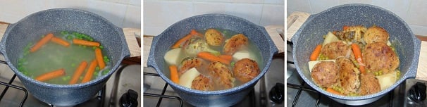 Trascorsa la prima parte della cottura del brodo e delle verdure, alzate la fiamma e quando sarà a bollore pieno adagiatevi dentro i carciofi ripieni e le patate. lasciate cuocere a fiamma leggera per un paio d’ore e serviteli caldi fumanti.