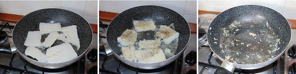 Scaldate nella padella antiaderente qualche cucchiaio di olio extravergine di oliva ed una volta caldo, asciugate i filetti di halibut e disponeteli nella padella cucinandoli bene da entrambe le parti a fuoco non troppo alto. Aggiustate di sale e spolverate con il pepe nero macinato ed una volta cotti toglieteli dalla padella.