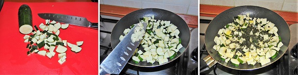 Lavate le zucchine sotto un abbondante getto di acqua fredda quindi privatele delle due estremità e con un coltello tagliatele a cubettini preferibilmente tutti uniformi. Versate la dadolata di zucchine in padella ed unite così anche lo spicchio di aglio mondato e tritato grossolanamente infine completate con il basilico tritato finissimo ed un generoso gir d’olio extravergine di oliva. Spolverate con un pizzico di sale e accendiate il fuoco quindi a fiamma media e mescolando spesso cucinate le zucchine.