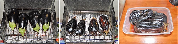 Preparate il barbecue e sulle braci ardenti andate a cuocere le melanzane girandole da tutte le parti fino a che non saranno molto morbide e la buccia sarà leggermente croccante. Una volta cotte conservatele in un contenitore ermetico almeno per una notte, perderanno l’acqua di vegetazione amara e sarà più semplice rimuovere la buccia.