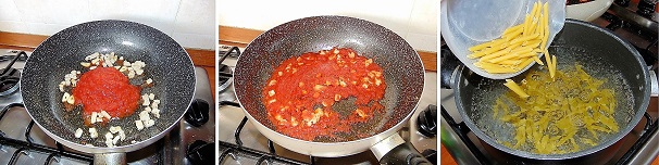 Aggiunete la polpa di pomodoro e fate cuocere lentamente a fuoco basso fino a che non si sarà ristretta un po’ perdendo l’acqua in eccesso. Cuocete le pennette in abbondante acqua bollente e salata.