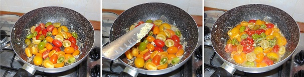 Versate nella padella da cui avete tolto il pesce i pomodorini Rainbow già lavati e tagliati a metà, alzate la fiamma ed unite di seguito anche o spicchio d’aglio precedentemente pelato e tritato finemente insieme ad una presa di sale e ad una spolverata di origano. Lasciate cuocere qualche minuto per far ammorbidire i pomodorini.