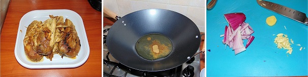 Una volta che si saranno freddate, eliminate la buccia e tenetele da parte. In un wok scaldate 40 millilitri di olio di cocco, una volta caldo tostate al suo interno un generoso cucchiaio di cumino in polvere; intanto tagliate a listarelle le cipolle rosse e pelate l’aglio e lo zenzero che triterete insieme molto sottilmente, quasi a ridurli in purea. Una volta che si saranno freddate, eliminate la buccia e tenetele da parte. In un wok scaldate 40 millilitri di olio di cocco, una volta caldo tostate al suo interno un generoso cucchiaio di cumino in polvere; intanto tagliate a listarelle le cipolle rosse e pelate l’aglio e lo zenzero che triterete insieme molto sottilmente, quasi a ridurli in purea.