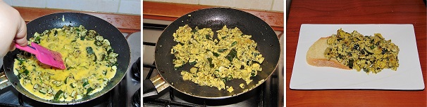 Alzate la fiamma sotto la padella con le zucchine e versateci sopra il composto di uova quindi con una paletta iniziate a mescolare e senza mai fermarvi lasciate che l’uovo avvolga le zucchine e si rapprenda. Una volta pronte spegnete la fiamma e servite in tavola sopra un delizioso crostone di pane raffermo.