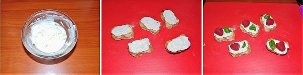 Lavorate il formaggio e riponetelo in frigo fino al momento di creare e servire i crostini. Spalmate sulle fette tostate un generoso cucchiaino di caprino e completate il vostro crostino aggiungendo i lamponi fresco e la foglia di basilico. Servite i crostini appena fatti e ancora croccanti.