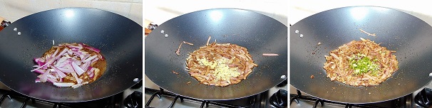 Aggiungete nel wok con olio e cumino le cipolle rosse tagliate in precedenza e cucinatele a fiamma media mescolando di continuo così che si ammorbidiscano ma non brucino. Unite alle cipolle il pesto di aglio e zenzero, mescolate cucinando per un paio di minuti e continuate con il peperoncino verde fresco tagliato sottile. Proseguite la cottura.