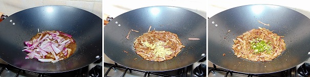 Aggiungete nel wok con olio e cumino le cipolle rosse tagliate in precedenza e cucinatele a fiamma media mescolando di continuo così che si ammorbidiscano ma non brucino. Unite alle cipolle il pesto di aglio e zenzero, mescolate cucinando per un paio di minuti e continuate con il peperoncino verde fresco tagliato sottile. Proseguite la cottura. Aggiungete nel wok con olio e cumino le cipolle rosse tagliate in precedenza e cucinatele a fiamma media mescolando di continuo così che si ammorbidiscano ma non brucino. Unite alle cipolle il pesto di aglio e zenzero, mescolate cucinando per un paio di minuti e continuate con il peperoncino verde fresco tagliato sottile. Proseguite la cottura.