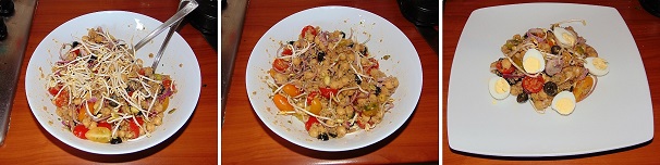 Terminate la preparazione dell’insalata con i germogli di soia freschi quindi mescolate bene il tutto e conservate in frigo. Solo prima di servire aggiungete le uova di quaglia tagliate a metà.