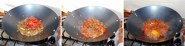 Versate in padella i pomodori ramati da sugo lavati e tagliati a pezzi grossolani, mescolate di continuo sempre a fiamma media fino ad ottenere un sughetto. A questo punto unite il sale, un cucchiaio di curcuma in polvere ed il peperoncino rosso piccante anch’esso in polvere. Versate in padella i pomodori ramati da sugo lavati e tagliati a pezzi grossolani, mescolate di continuo sempre a fiamma media fino ad ottenere un sughetto. A questo punto unite il sale, un cucchiaio di curcuma in polvere ed il peperoncino rosso piccante anch’esso in polvere.