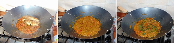 Una volta ottenuta una salsina molto speziata è arrivato il momento di aggiungere le melanzane arrostite, adesso sarà necessario continuare a mescolare fino al raggiungimento di una salsa omogenea dove le melanzane, oramai cremose si saranno completamente amalgamate al sughetto speziato. Rinfrescate la crema con del coriandolo fresco tritato e servite. Una volta ottenuta una salsina molto speziata è arrivato il momento di aggiungere le melanzane arrostite, adesso sarà necessario continuare a mescolare fino al raggiungimento di una salsa omogenea dove le melanzane, oramai cremose si saranno completamente amalgamate al sughetto speziato. Rinfrescate la crema con del coriandolo fresco tritato e servite.