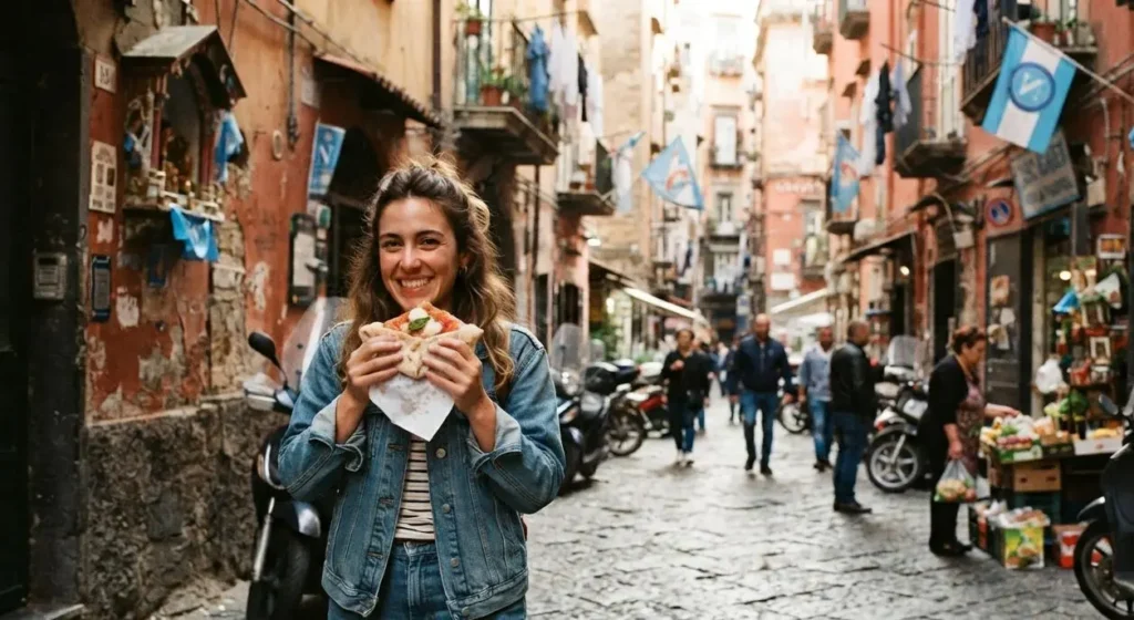 Pizza a portafoglio a Napoli - Street food tipico Turista sorridente che mangia una tipica pizza a portafoglio nei caratteristici vicoli storici di Napoli.