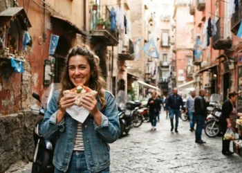 Turista sorridente che mangia una tipica pizza a portafoglio nei caratteristici vicoli storici di Napoli.
