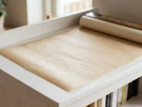 Un foglio di carta da forno steso sopra la superficie di un mobile bianco per proteggerlo dalla polvere.