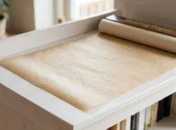 Carta da forno contro la polvere sui mobili Un foglio di carta da forno steso sopra la superficie di un mobile bianco per proteggerlo dalla polvere.