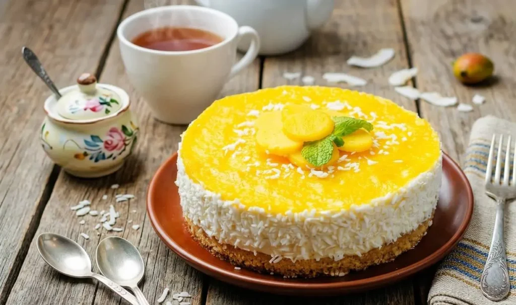 Ricetta Cheesecake al Mango Estiva Cheesecake al mango fresca senza cottura decorata con scaglie di cocco e menta su un tavolo in legno