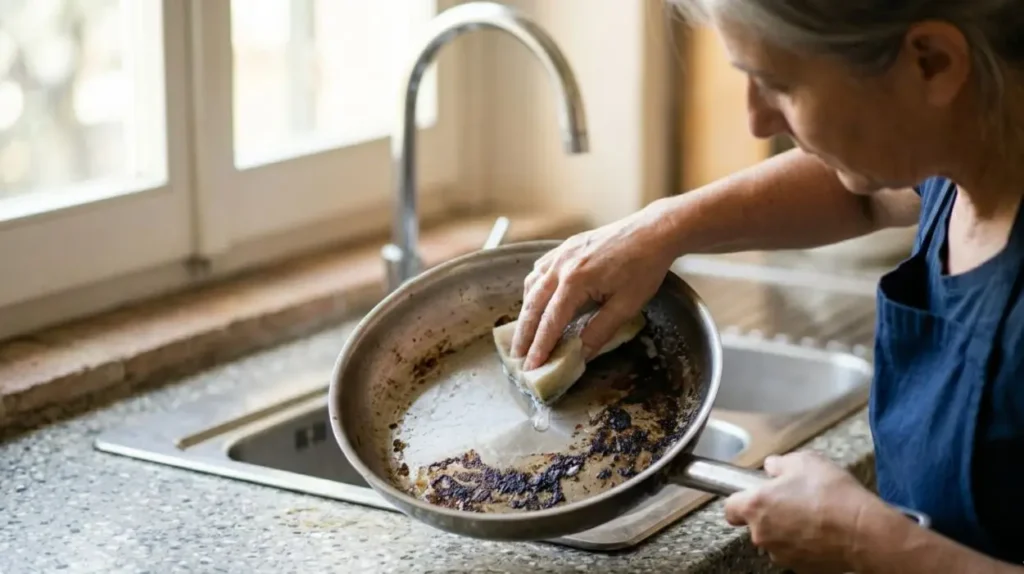 Trucco per scrostare le pentole bruciate Donna in cucina che pulisce una pentola in acciaio incrostata e bruciata sul fondo usando una spugna vicino al lavandino