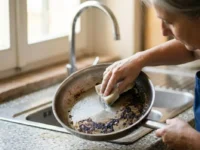 Donna in cucina che pulisce una pentola in acciaio incrostata e bruciata sul fondo usando una spugna vicino al lavandino