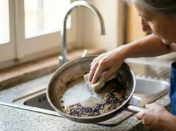 Trucco per scrostare le pentole bruciate Donna in cucina che pulisce una pentola in acciaio incrostata e bruciata sul fondo usando una spugna vicino al lavandino