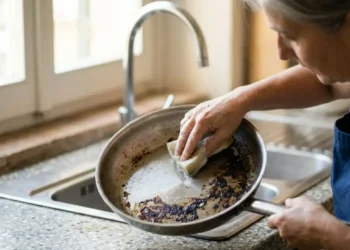 Donna in cucina che pulisce una pentola in acciaio incrostata e bruciata sul fondo usando una spugna vicino al lavandino