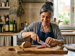 Pulizia naturale di un tagliere di legno poroso con limone, sale grosso e bicarbonato per eliminare i batteri.