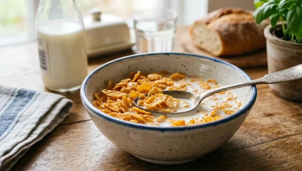 Ciotola di corn flakes con latte per colazione Una ciotola in ceramica rustica piena di corn flakes croccanti immersi nel latte, posizionata su un tavolo in legno durante la colazione.