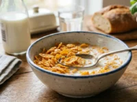 Una ciotola in ceramica rustica piena di corn flakes croccanti immersi nel latte, posizionata su un tavolo in legno durante la colazione.