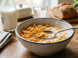 Ciotola di corn flakes con latte per colazione Una ciotola in ceramica rustica piena di corn flakes croccanti immersi nel latte, posizionata su un tavolo in legno durante la colazione.