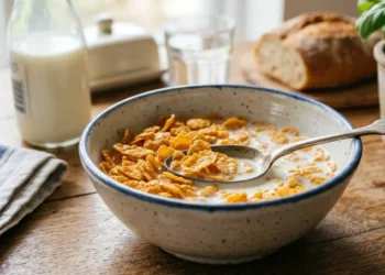 Ciotola di corn flakes con latte per colazione Una ciotola in ceramica rustica piena di corn flakes croccanti immersi nel latte, posizionata su un tavolo in legno durante la colazione.