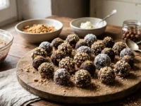 Vassoio in legno con dolcetti senza cottura preparati riciclando biscotti avanzati e mascarpone, ricoperti di granella di nocciole e cocco.
