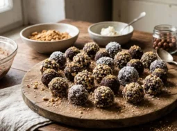 Dolcetti veloci con biscotti avanzati Vassoio in legno con dolcetti senza cottura preparati riciclando biscotti avanzati e mascarpone, ricoperti di granella di nocciole e cocco.