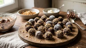 Dolcetti veloci con biscotti avanzati Vassoio in legno con dolcetti senza cottura preparati riciclando biscotti avanzati e mascarpone, ricoperti di granella di nocciole e cocco.