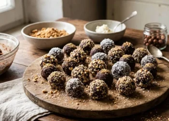 Vassoio in legno con dolcetti senza cottura preparati riciclando biscotti avanzati e mascarpone, ricoperti di granella di nocciole e cocco.