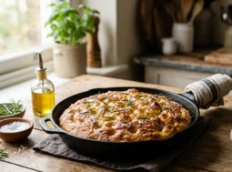 Focaccia in padella dorata e soffice con rosmarino e sale grosso su tavolo in legno rustico