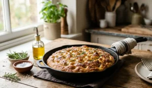 focaccia-in-padella-senza-impasto-copertina Focaccia in padella dorata e soffice con rosmarino e sale grosso su tavolo in legno rustico