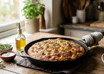 Focaccia in padella dorata e soffice con rosmarino e sale grosso su tavolo in legno rustico
